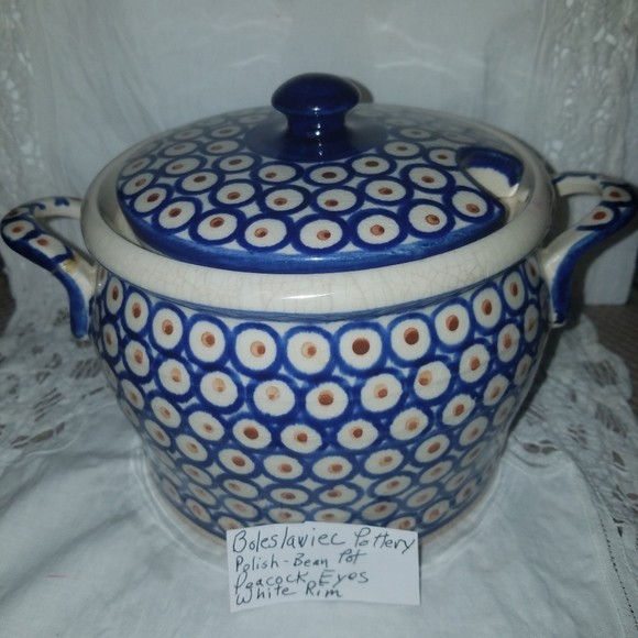 BOLESLAWIEC POLISH BEAN POT PEACOCK EYES - Picture 1 of 8